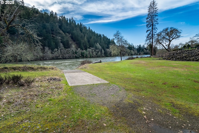 view of yard featuring a water view and a forest view