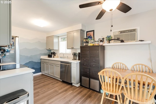 kitchen featuring sink, gray cabinets, stainless steel appliances, and an AC wall unit