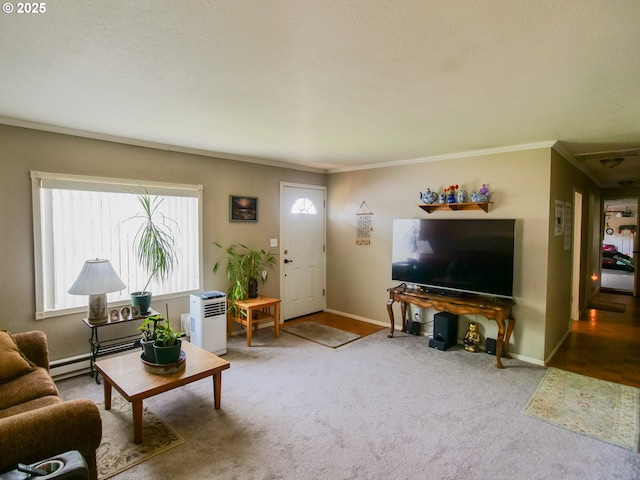 154 N 5th St, Saint Helens, OR 97051 - living room featuring a baseboard heating unit, ornamental molding, plenty of natural light, carpet, and baseboards
