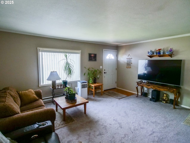 154 N 5th St, Saint Helens, OR 97051 - carpeted living room featuring ornamental molding, baseboards, and a textured ceiling