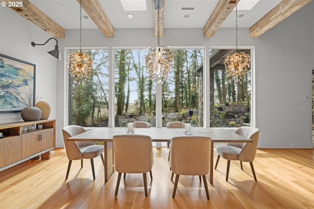 2193 NE 3rd Ave, Camas, WA 98607 - dining space with a chandelier, beam ceiling, light wood-style flooring, and healthy amount of natural light
