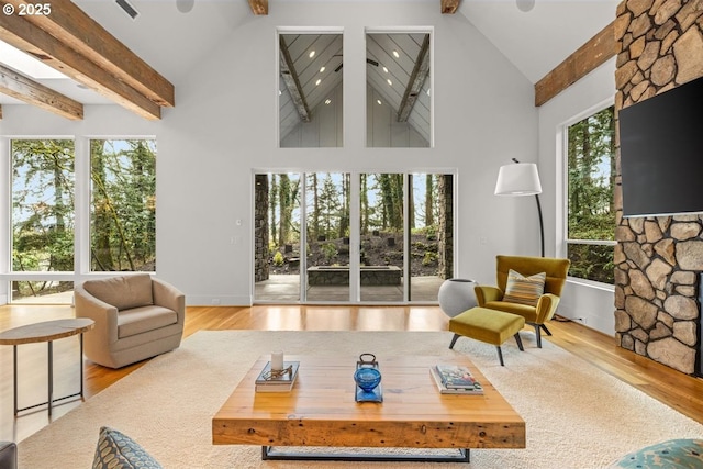 2193 NE 3rd Ave, Camas, WA 98607 - living room with beam ceiling, wood finished floors, high vaulted ceiling, and recessed lighting