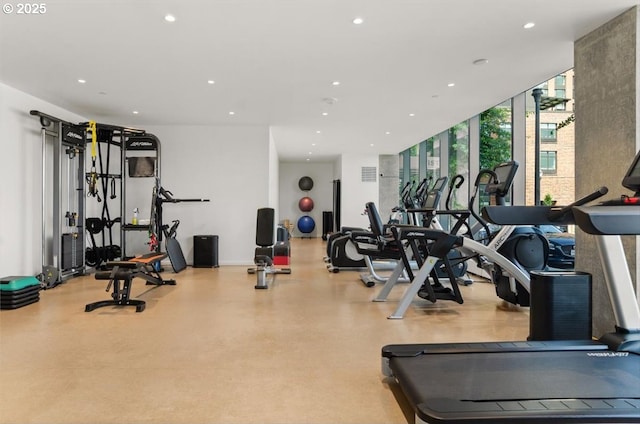 1150 NW Quimby St Unit 610, Portland, OR 97209 - exercise room featuring floor to ceiling windows and recessed lighting