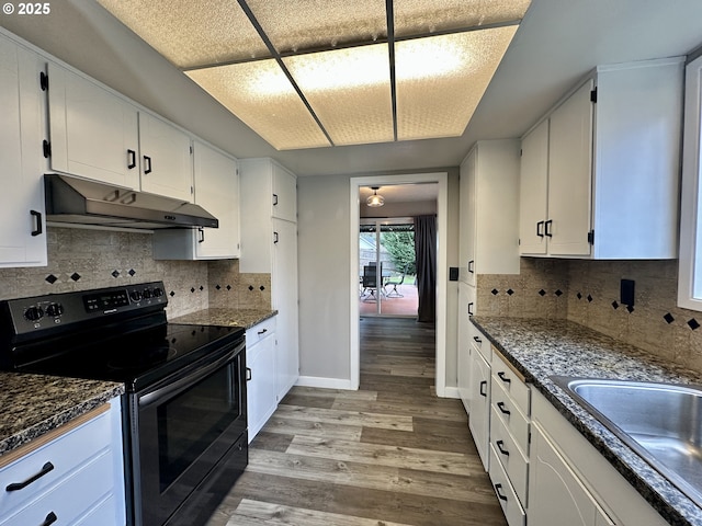 kitchen featuring white cabinets, electric range oven, light wood-type flooring, under cabinet range hood, and a sink