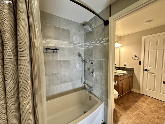 full bathroom with shower / bathtub combination with curtain, vanity, toilet, and tile patterned floors