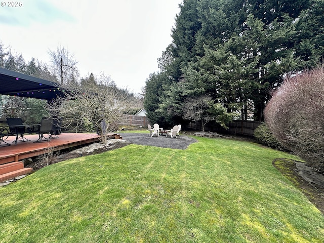 view of yard featuring a fenced backyard and a wooden deck