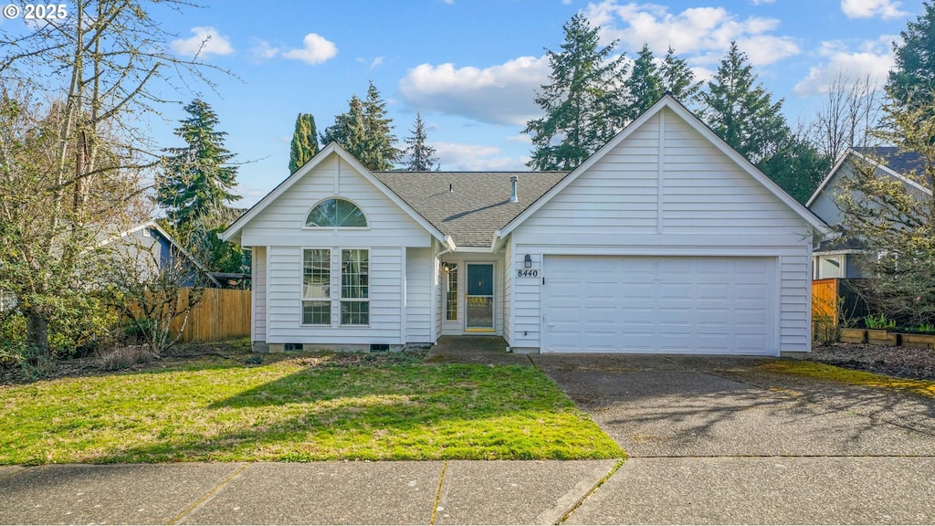 8440 SW 165th Ave, Beaverton, OR 97007 - ranch-style house featuring a front yard, an attached garage, fence, and a shingled roof