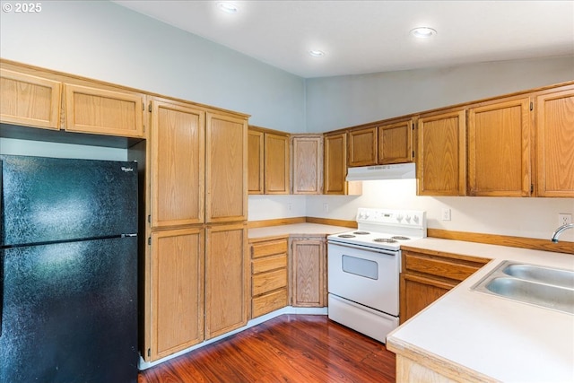 10406 NE 88th St, Vancouver, WA 98662 - kitchen with freestanding refrigerator, electric stove, under cabinet range hood, dark wood finished floors, and light countertops