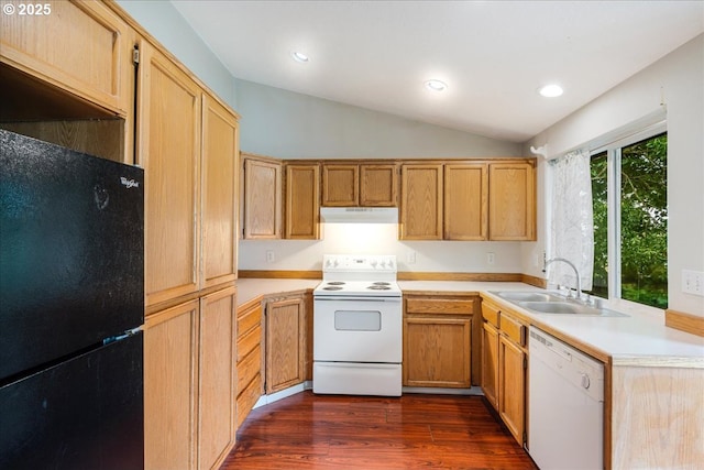 10406 NE 88th St, Vancouver, WA 98662 - kitchen with white appliances, under cabinet range hood, dark wood finished floors, light countertops, and vaulted ceiling