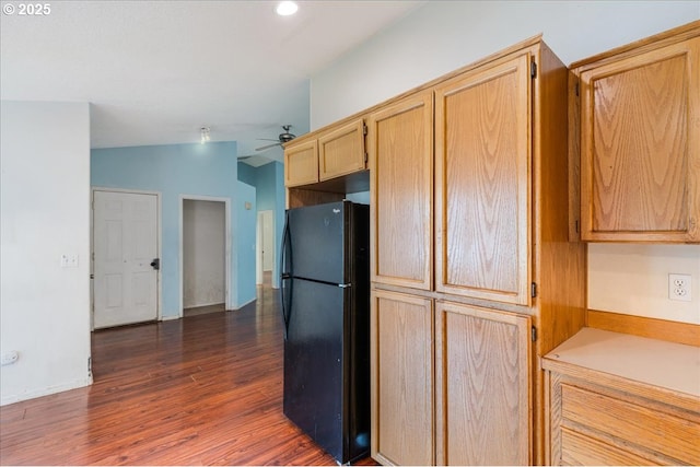 10406 NE 88th St, Vancouver, WA 98662 - kitchen featuring freestanding refrigerator, dark wood-style flooring, light brown cabinetry, light countertops, and ceiling fan