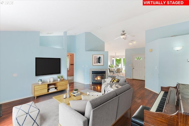 10406 NE 88th St, Vancouver, WA 98662 - living area featuring a ceiling fan, wood finished floors, high vaulted ceiling, and a tiled fireplace