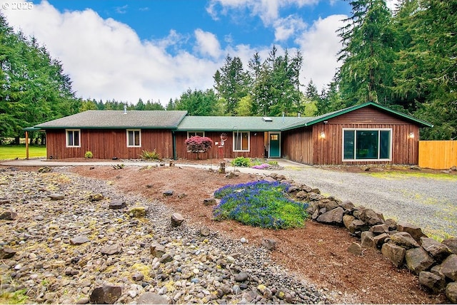 ranch-style home featuring fence