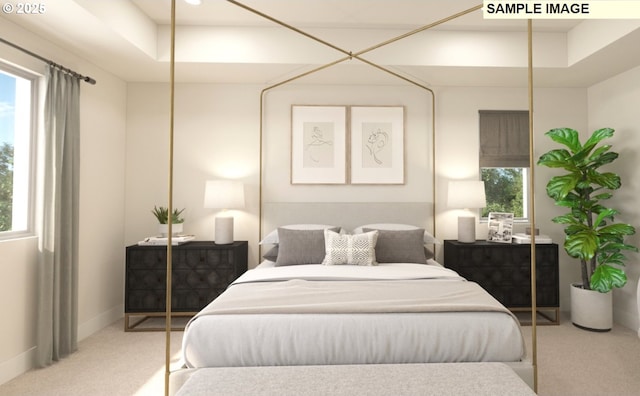 bedroom featuring a tray ceiling, carpet, and baseboards