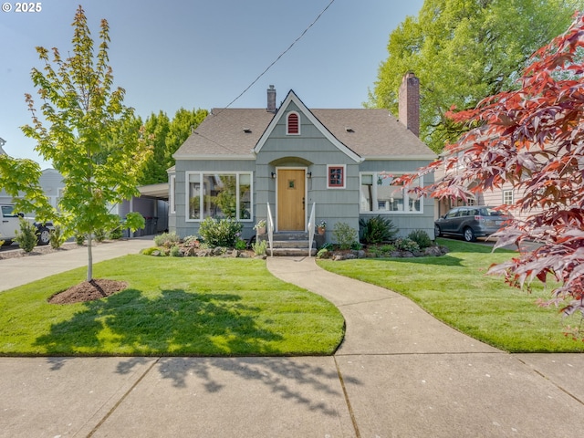 bungalow-style home featuring roof with shingles, concrete driveway, a front lawn, and a chimney