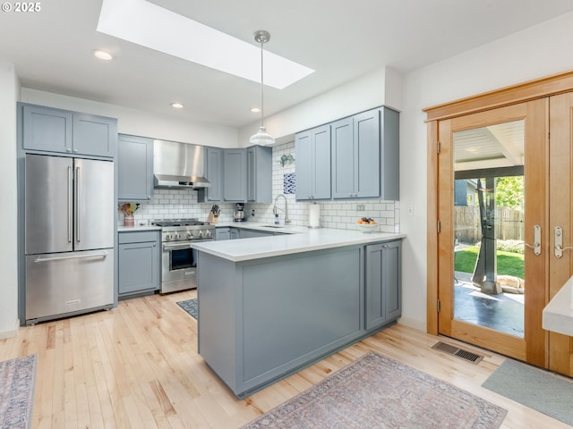 kitchen with a sink, a skylight, wall chimney range hood, visible vents, and high quality appliances