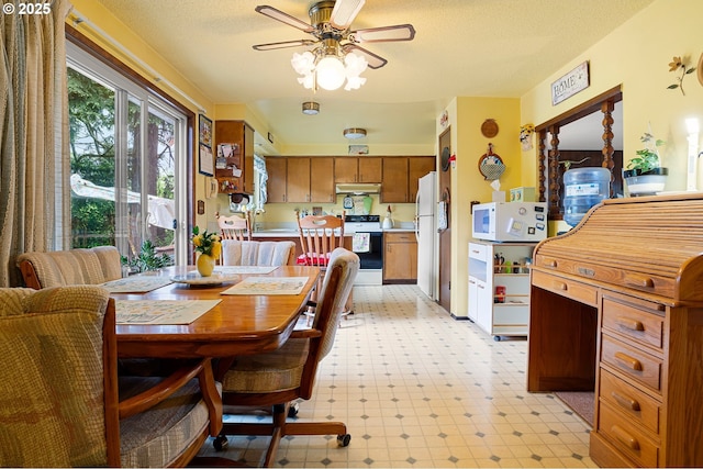 8157 Thurston Rd, Springfield, OR 97477 - dining room featuring ceiling fan, light flooring, and a textured ceiling
