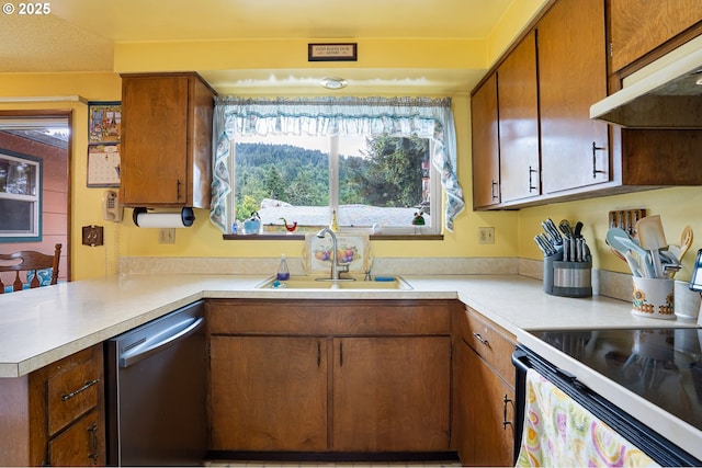 8157 Thurston Rd, Springfield, OR 97477 - kitchen with dishwasher, electric stove, under cabinet range hood, a sink, and light countertops