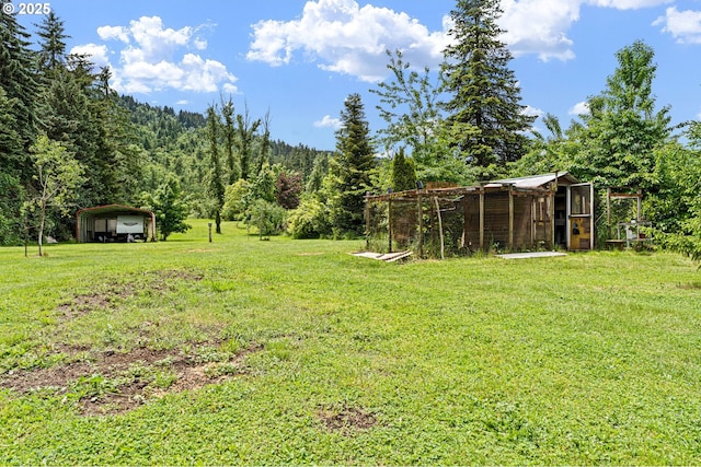 8157 Thurston Rd, Springfield, OR 97477 - view of grassy yard featuring a carport, exterior structure, an outbuilding, and a forest view