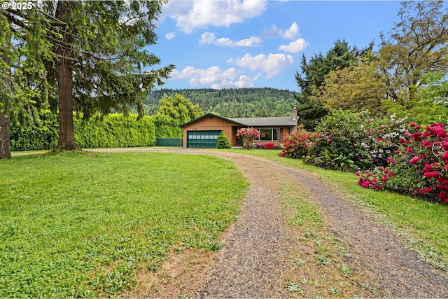 8157 Thurston Rd, Springfield, OR 97477 - view of front facade with dirt driveway, an attached garage, a chimney, a front lawn, and a wooded view