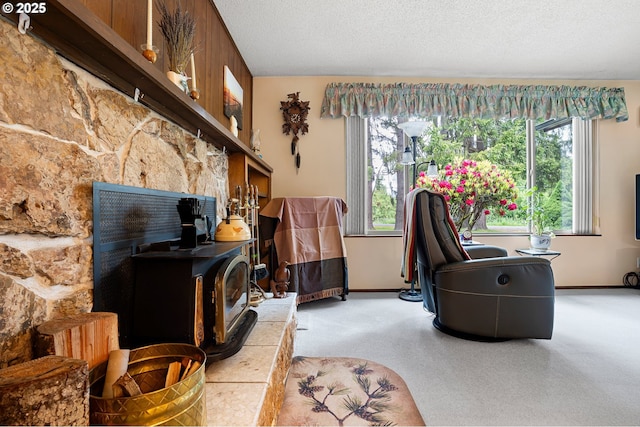 8157 Thurston Rd, Springfield, OR 97477 - living room featuring a wood stove, plenty of natural light, baseboards, carpet flooring, and a textured ceiling
