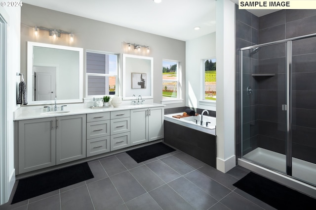 bathroom featuring vanity, separate shower and tub, and tile patterned flooring