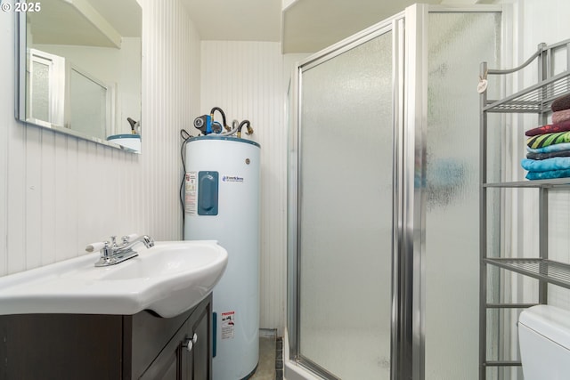 29536 Simmons Rd, Eugene, OR 97405 - full bathroom featuring electric water heater, vanity, toilet, and a shower stall