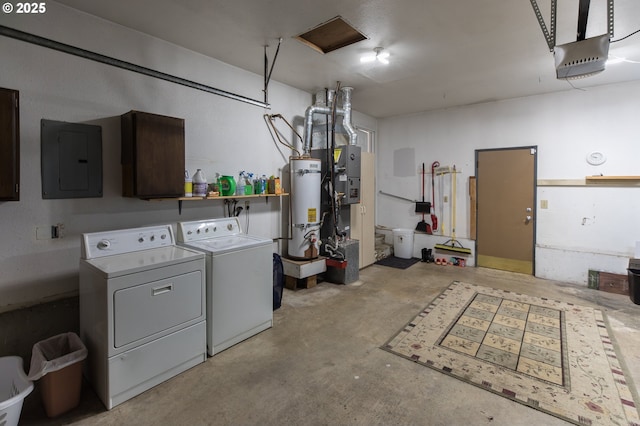 2416 SW 23rd Cir, Troutdale, OR 97060 - garage featuring washing machine and clothes dryer, electric panel, a garage door opener, and gas water heater