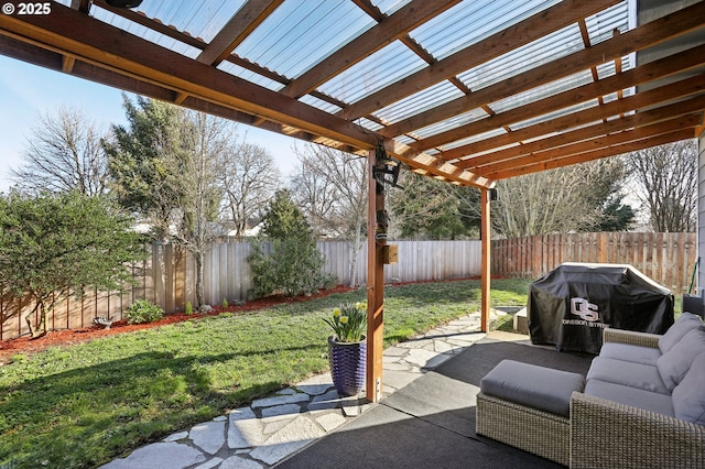 view of patio / terrace featuring a fenced backyard, a grill, and a pergola