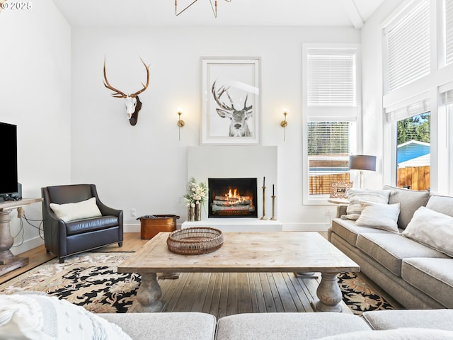 living area featuring a lit fireplace, wood finished floors, and baseboards