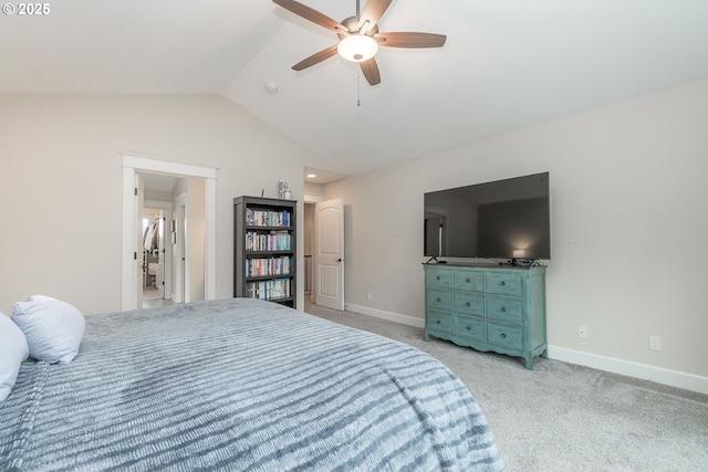 bedroom featuring ceiling fan, lofted ceiling, baseboards, and light carpet