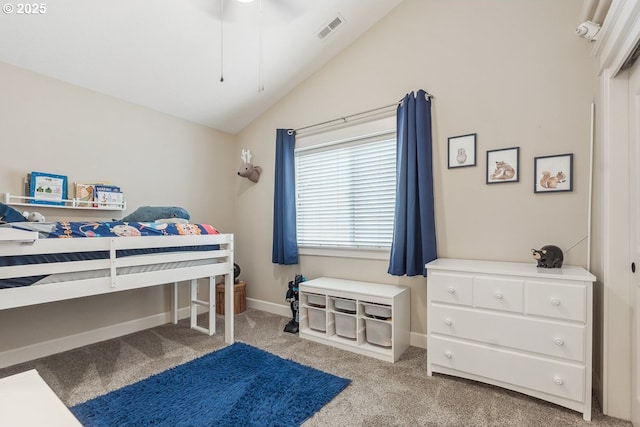 bedroom featuring visible vents, lofted ceiling, baseboards, and carpet flooring