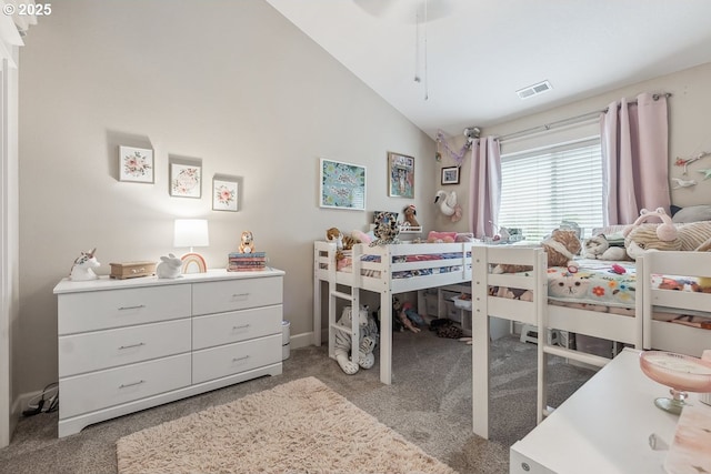 bedroom featuring visible vents, carpet, and lofted ceiling