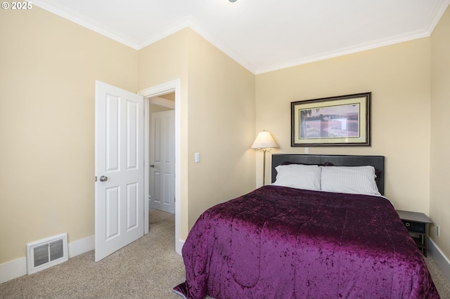 bedroom featuring ornamental molding and light colored carpet