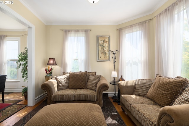 living room with crown molding, plenty of natural light, and dark hardwood / wood-style floors