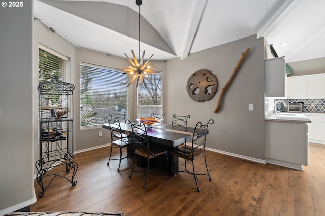 dining space featuring baseboards, lofted ceiling with beams, an inviting chandelier, and dark wood-type flooring