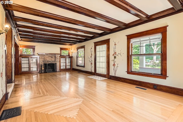 1203 SE 53rd Ave, Portland, OR 97215 - unfurnished living room with a fireplace and beam ceiling