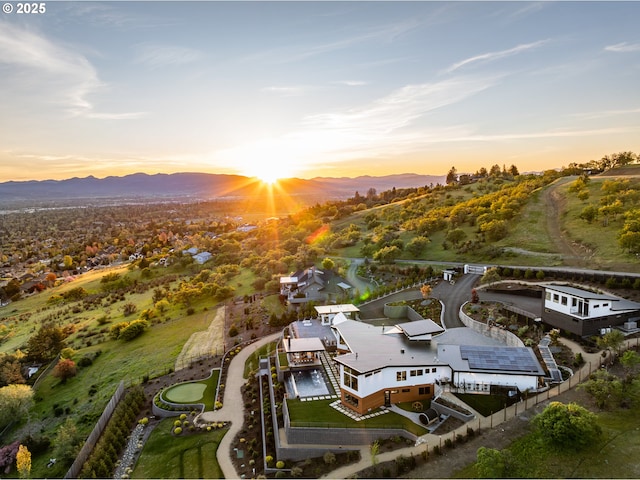 view of aerial view at dusk