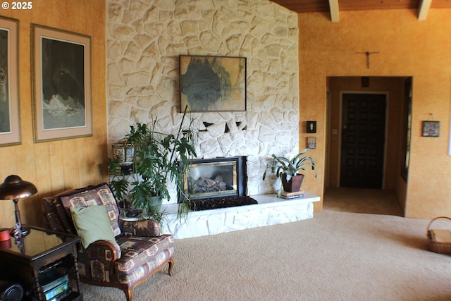 1056 NE Orchard Dr, Myrtle Creek, OR 97457 - living area featuring carpet floors, a fireplace, and a wood ceiling with exposed beams