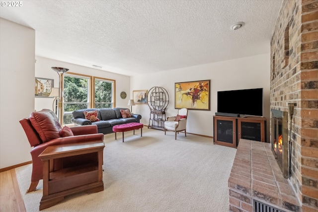 562 SW Eastman Pkwy, Gresham, OR 97080 - carpeted living room with a fireplace, a textured ceiling, and baseboards