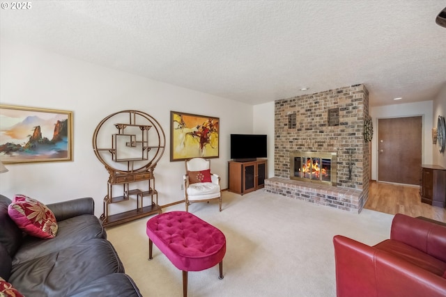 562 SW Eastman Pkwy, Gresham, OR 97080 - carpeted living area featuring a textured ceiling and a brick fireplace
