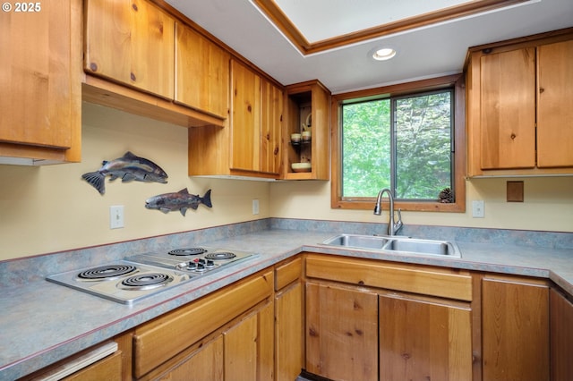 70198 E Barlow Trail Rd, Rhododendron, OR 97049 - kitchen with stainless steel electric stovetop, light countertops, brown cabinets, and recessed lighting