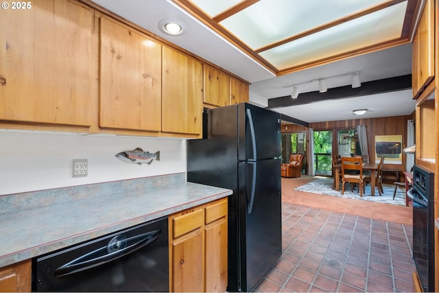 70198 E Barlow Trail Rd, Rhododendron, OR 97049 - kitchen featuring black appliances, wood walls, light countertops, and recessed lighting