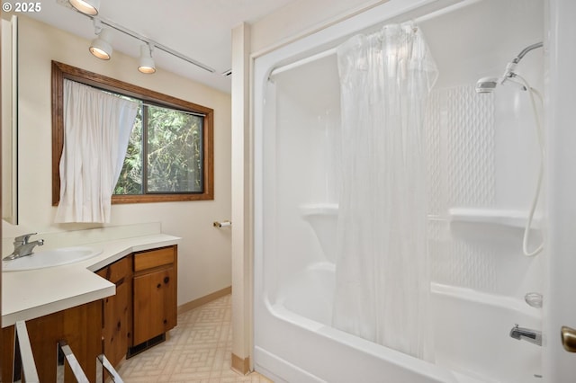 70198 E Barlow Trail Rd, Rhododendron, OR 97049 - full bathroom with vanity, shower / bath combination with curtain, rail lighting, and tile patterned floors
