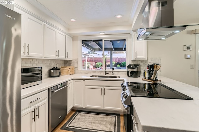 kitchen with appliances with stainless steel finishes, a peninsula, white cabinetry, and island range hood