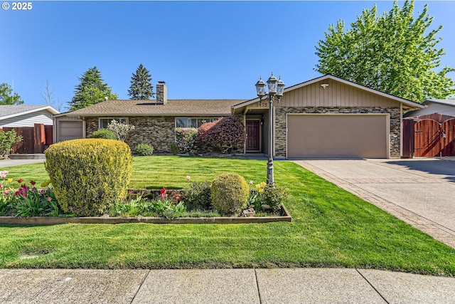 ranch-style house with a front lawn, fence, a chimney, concrete driveway, and an attached garage