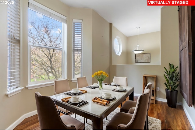 dining area with plenty of natural light, baseboards, and dark wood-style floors