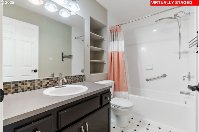 bathroom featuring vanity, tasteful backsplash, toilet, and shower / bath combination with curtain