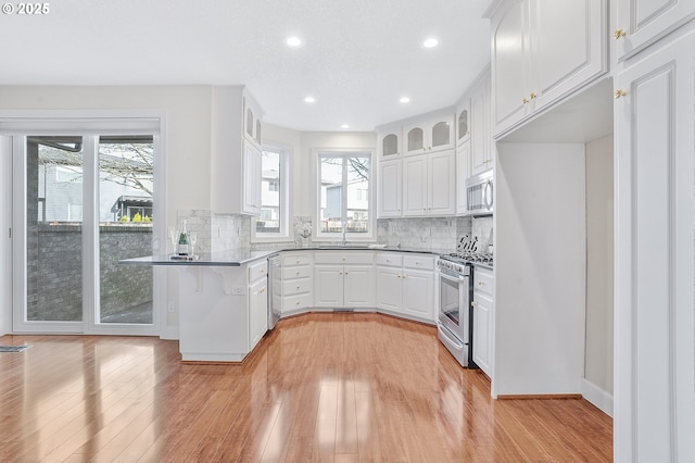 kitchen with stainless steel appliances, white cabinetry, backsplash, and light wood-type flooring