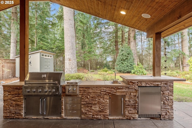 view of patio / terrace with a storage unit, grilling area, an outbuilding, and area for grilling