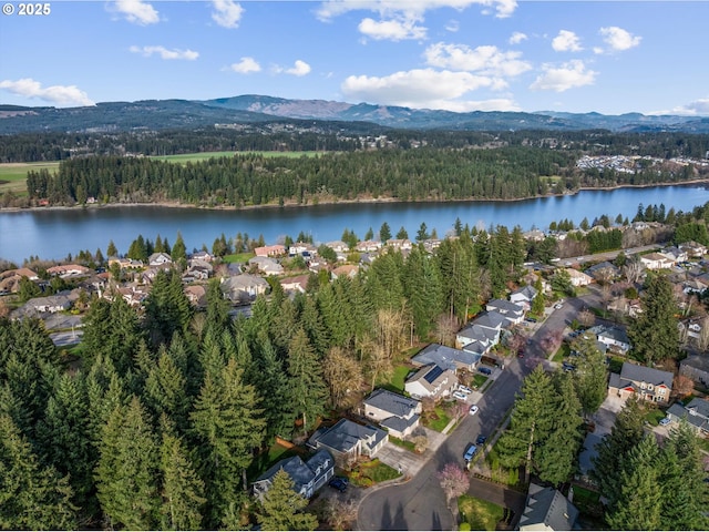 aerial view with a forest view and a water and mountain view